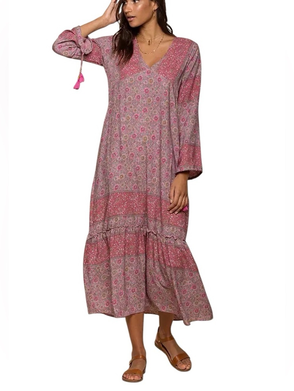 Anthropologie Raga Boho Floral Maxi Tiered Dress Size S Tassel Cottage Garden